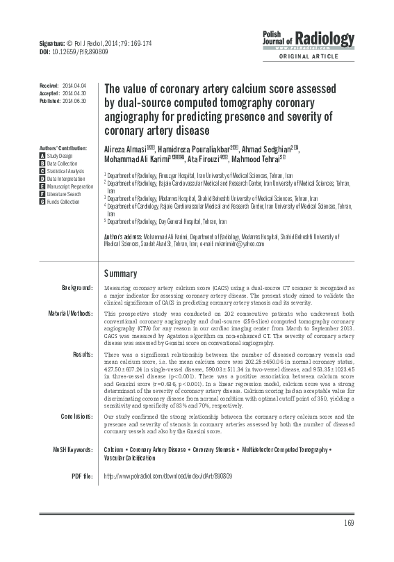 (PDF) The value of coronary artery calcium score assessed by dual ...