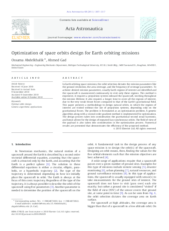 (PDF) Optimization of space orbits design for Earth orbiting missions