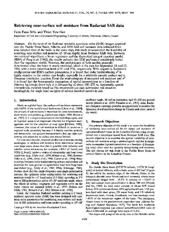 (PDF) Retrieving near-surface soil moisture from Radarsat SAR data