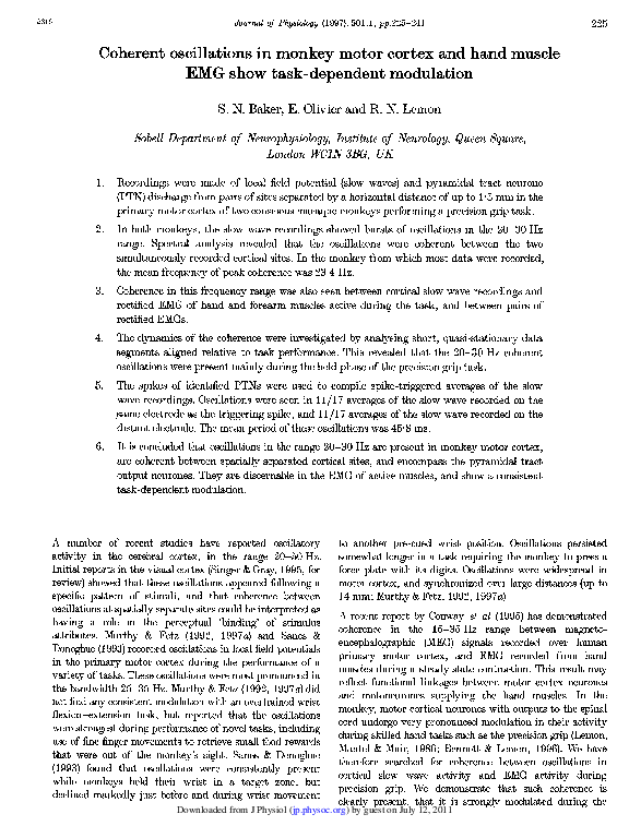 (PDF) Coherent oscillations in monkey motor cortex and hand muscle EMG ...
