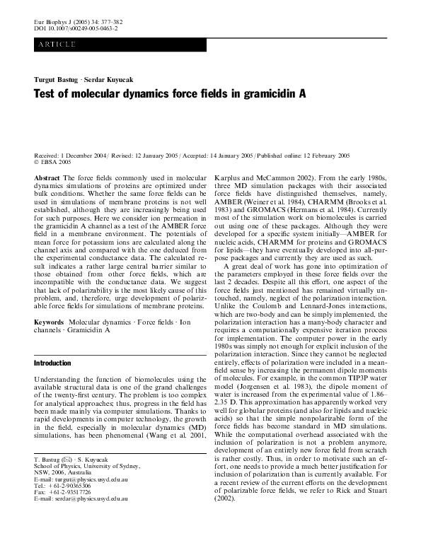 (PDF) Test of molecular dynamics force fields in gramicidin A