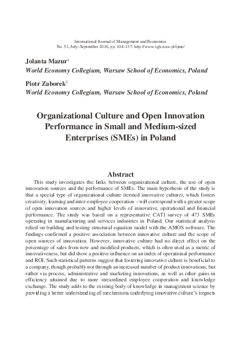 (PDF) Organizational Culture and Open Innovation Performance in Small ...