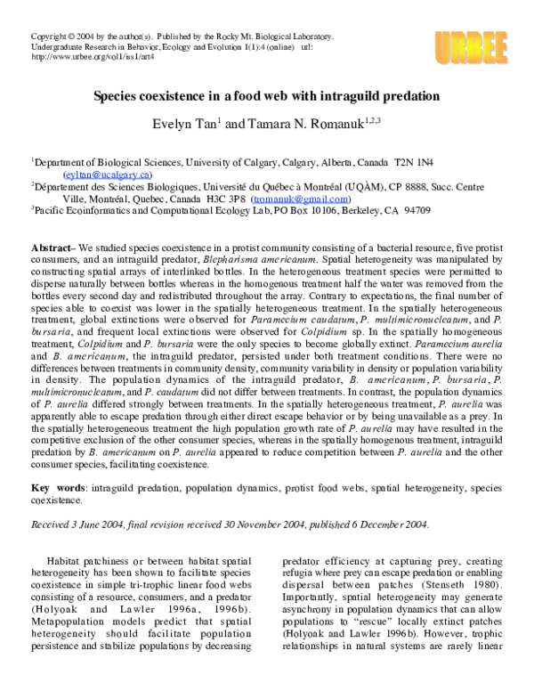 (PDF) Species Coexistence In a Food Web With Intraguild Predation