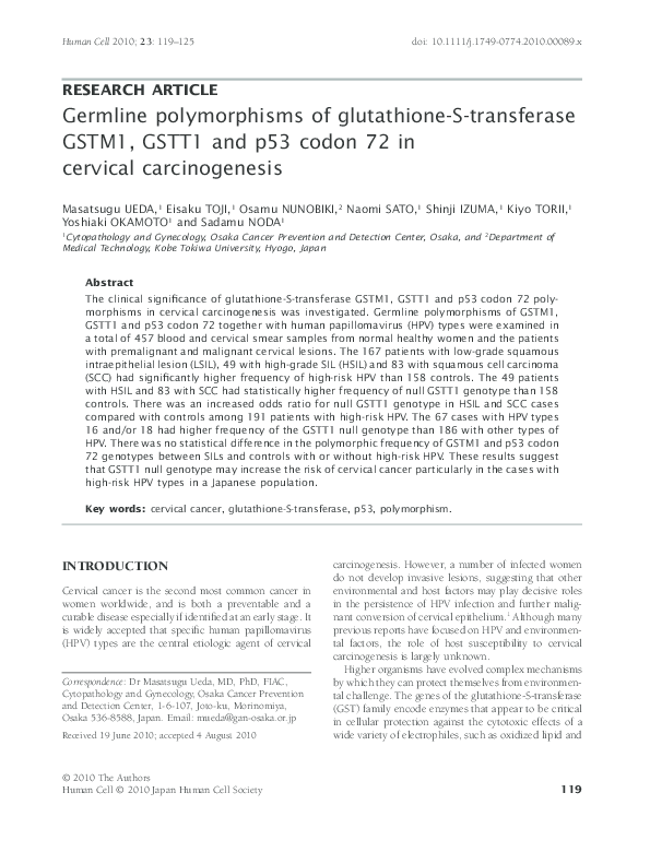 (PDF) Germline polymorphisms of glutathione-S-transferase GSTM1, GSTT1 ...