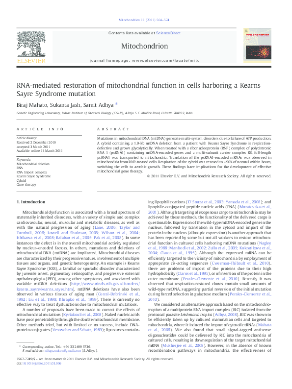 (PDF) RNA-mediated restoration of mitochondrial function in cells ...