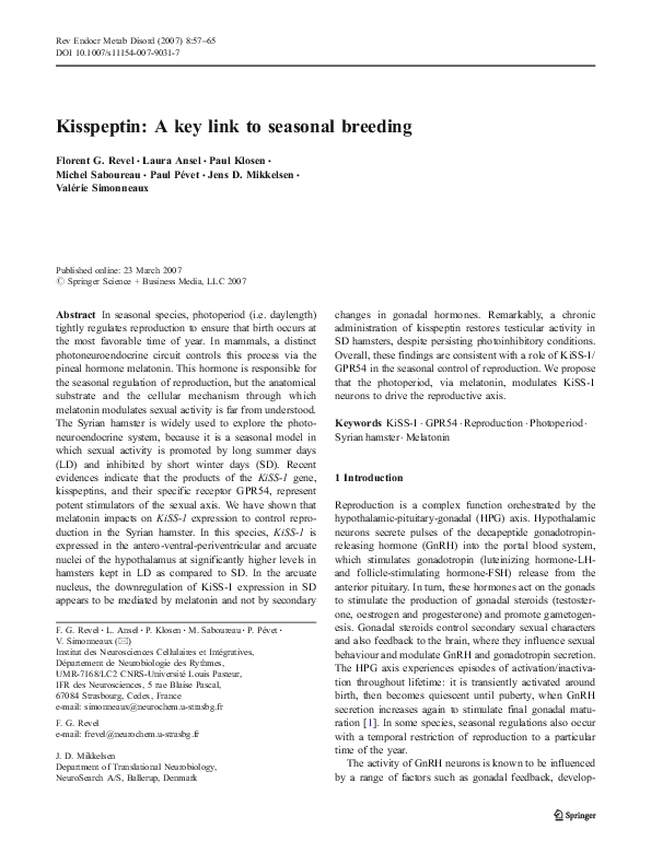 (PDF) Kisspeptin A key link to seasonal breeding Paul Hamster