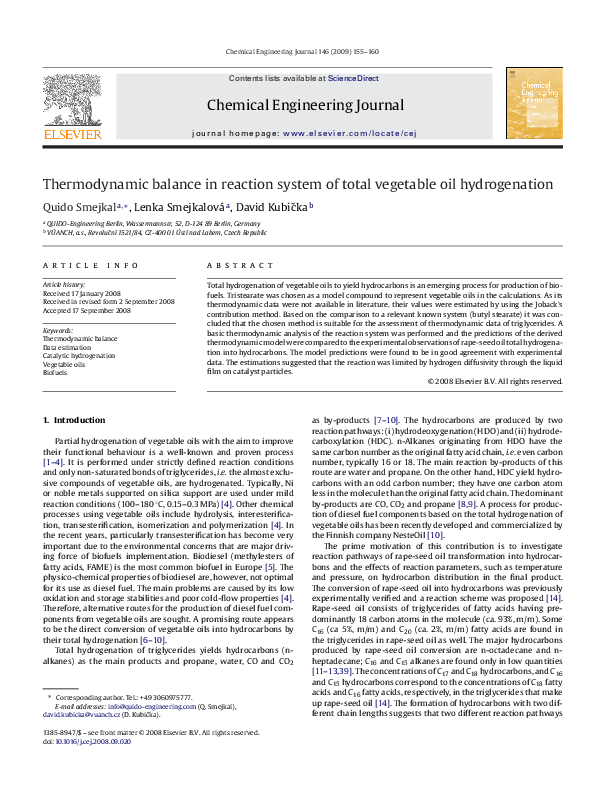 (PDF) Thermodynamic balance in reaction system of total vegetable oil