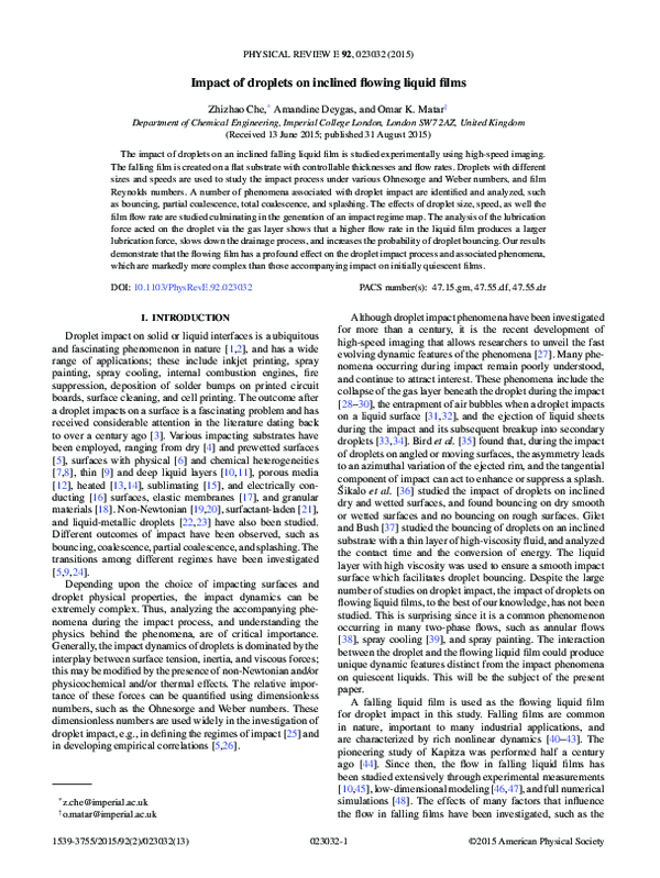 (PDF) Impact of droplets on inclined flowing liquid films