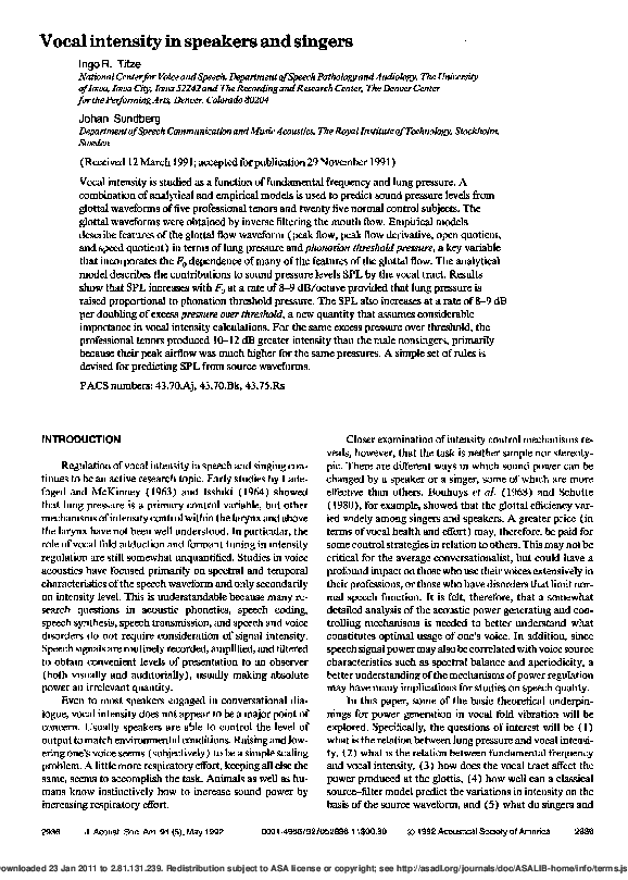(PDF) Vocal intensity in speakers and singers