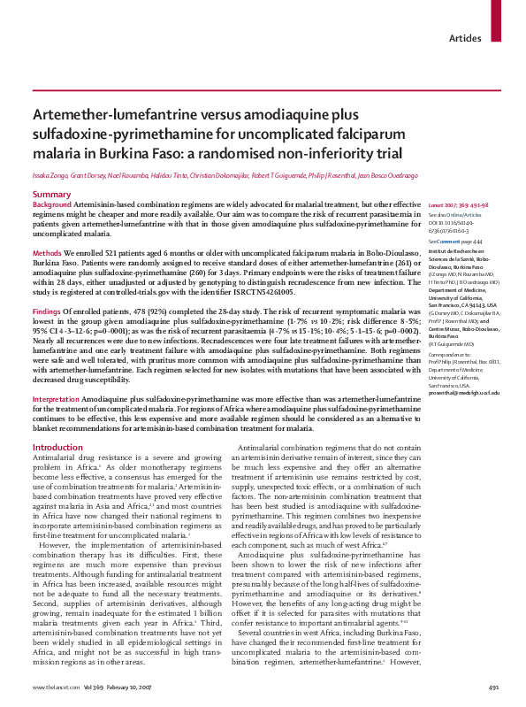 (PDF) Effectiveness of artesunateamodiaquine vs. artemether