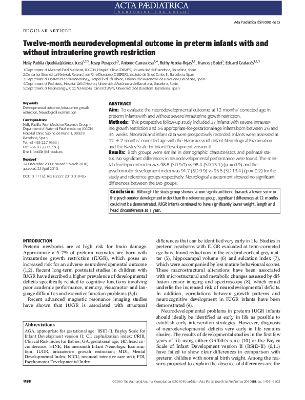 (PDF) Twelvemonth neurodevelopmental outcome in preterm infants with ...
