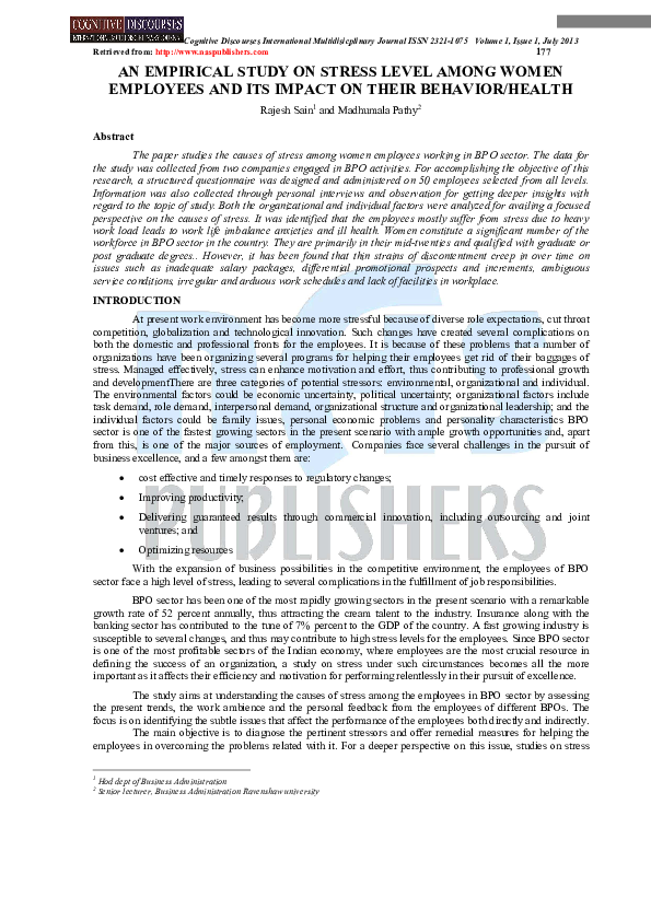 (PDF) AN EMPIRICAL STUDY ON STRESS LEVEL AMONG WOMEN EMPLOYEES AND ITS ...