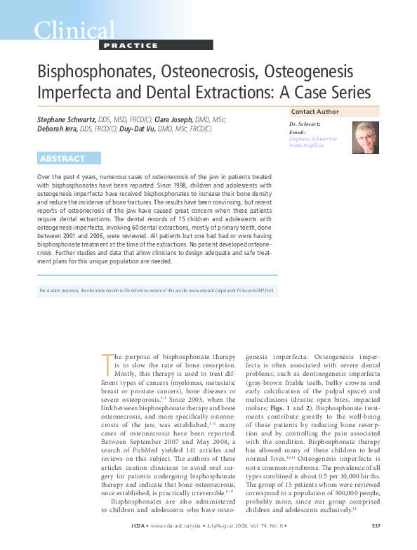 (PDF) Bisphosphonates, osteonecrosis, osteogenesis imperfecta and