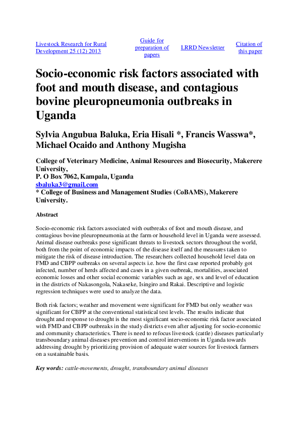 (PDF) Socio-economic risk factors associated with foot and mouth ...