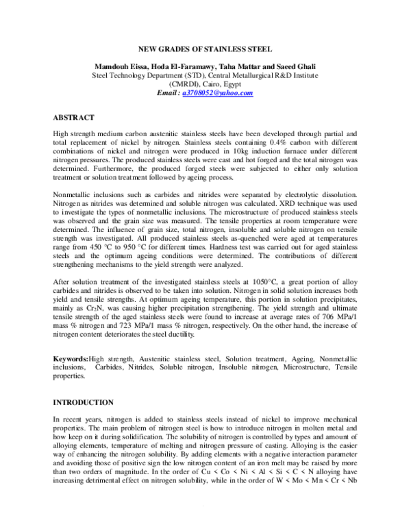 (PDF) New Grades of Stainless Steel