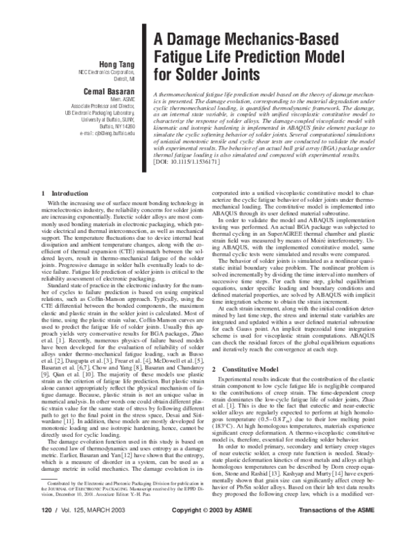 (PDF) A Damage MechanicsBased Fatigue Life Prediction Model for Solder