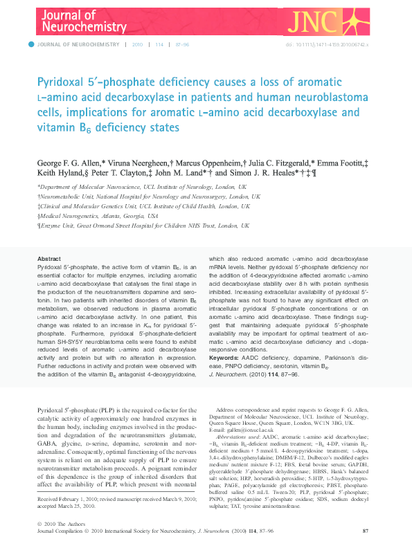 (PDF) Pyridoxal 5′phosphate deficiency causes a loss of aromatic l