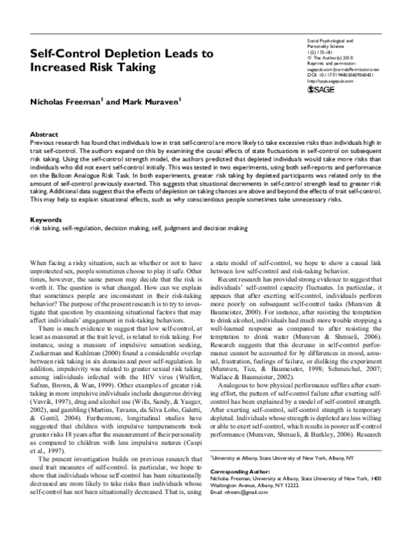 (PDF) Self-control depletion leads to increased risk taking