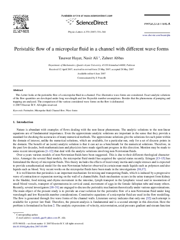 (PDF) Peristaltic flow of a micropolar fluid in a channel with ...