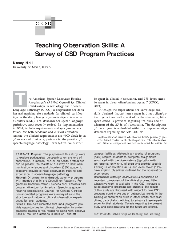 (PDF) Teaching Observation Skills A Survey of CSD Program Practices