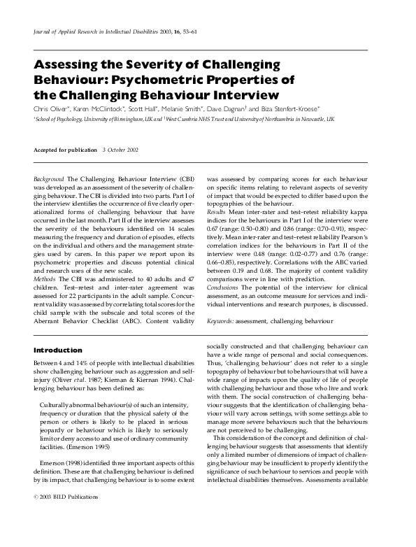 Challenging Behavior And Impact On >> Pdf Assessing The Severity Of Challenging Behaviour Psychometric Challenging Behavior And Impact On >> Pdf Assessing The Severity Of Challenging Behaviour Psychometric
