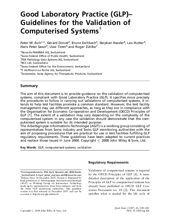 (PDF) Good Laboratory Practice (GLP) guidelines for the validation of