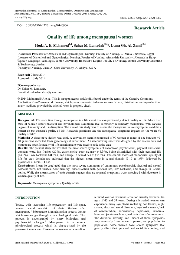 (PDF) Quality of life among menopausal women Sahar Lamadah Academia.edu