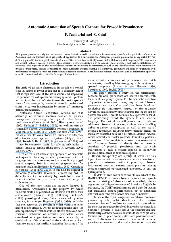 (PDF) Automatic Annotation of Speech Corpora for Prosodic Prominence