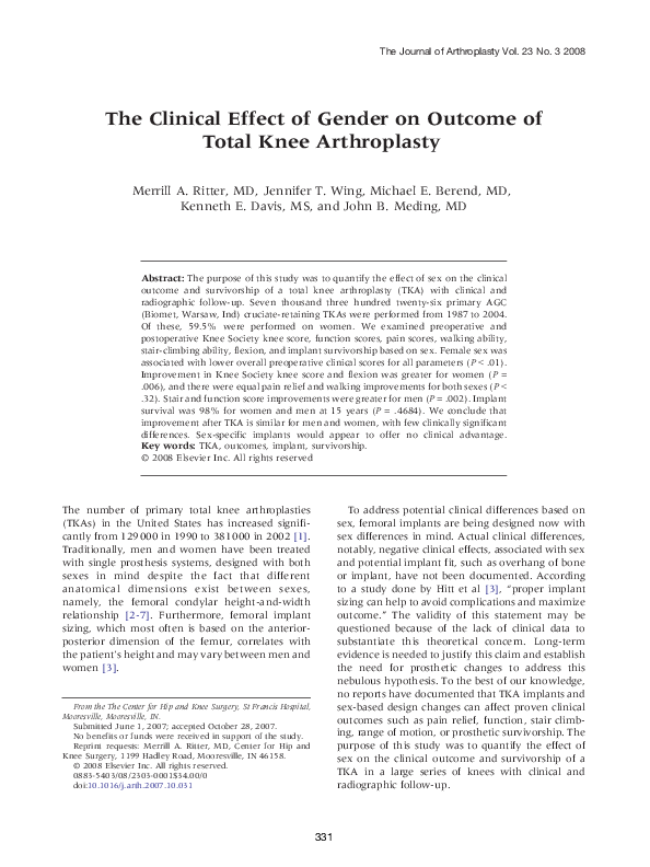 (PDF) The Clinical Effect of Gender on Outcome of Total Knee Arthroplasty