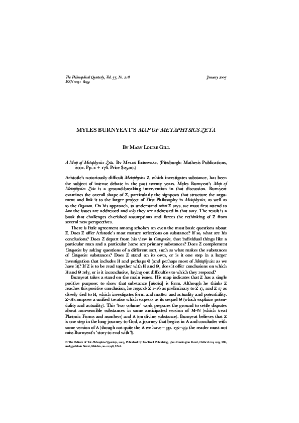 (PDF) MYLES BURNYEAT'S MAP OF METAPHYSICS ZETA Mary Louise Gill