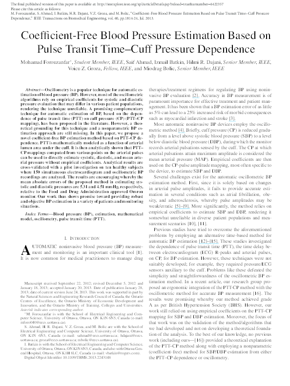 (PDF) Coefficient-Free Blood Pressure Estimation Based on Pulse Transit ...
