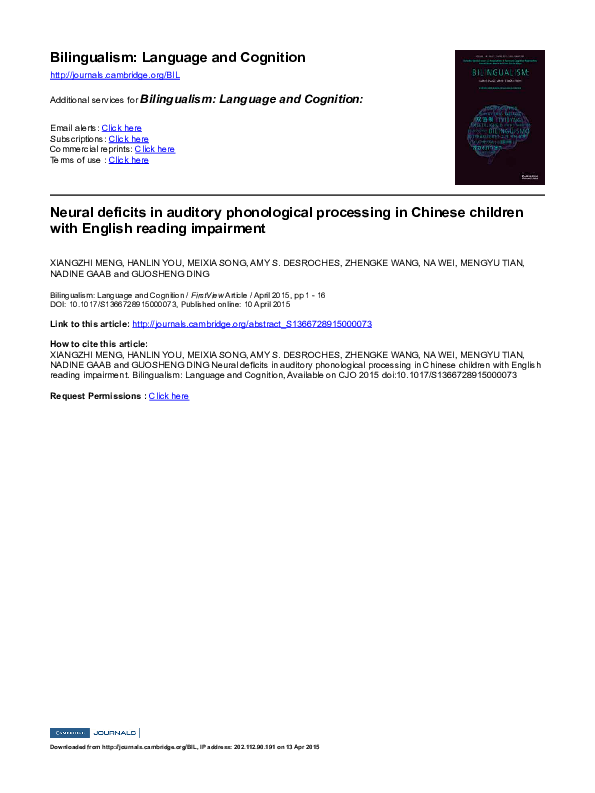 (PDF) Neural deficits in auditory phonological processing in Chinese ...