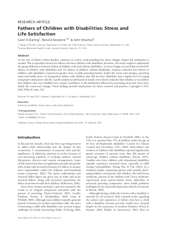 (PDF) Fathers of children with disabilities: stress and life satisfaction