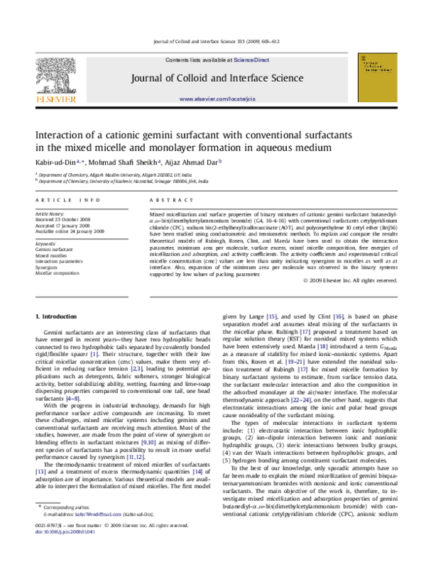 (PDF) Interaction of a cationic gemini surfactant with conventional ...