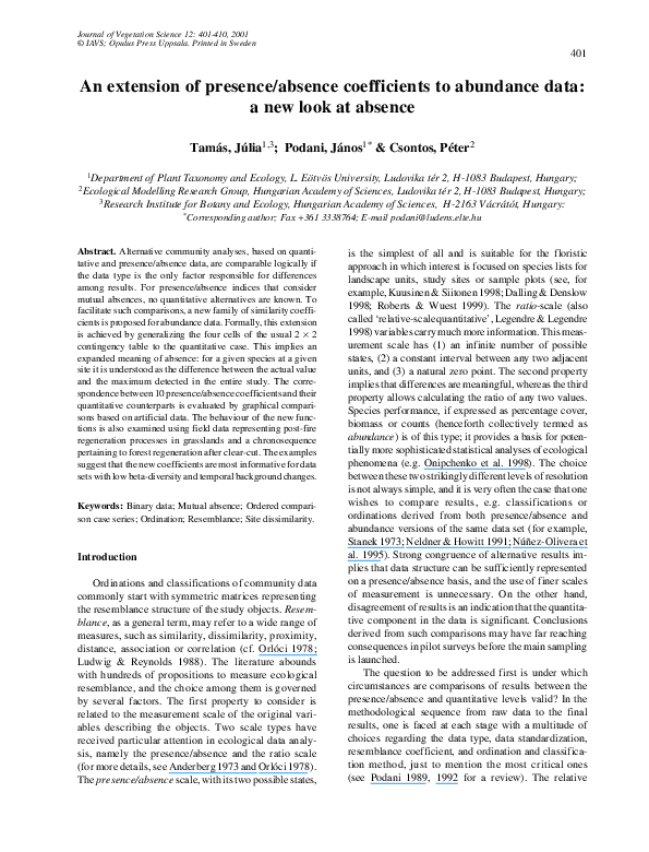 (PDF) An extension of presence/absence coefficients to abundance data ...