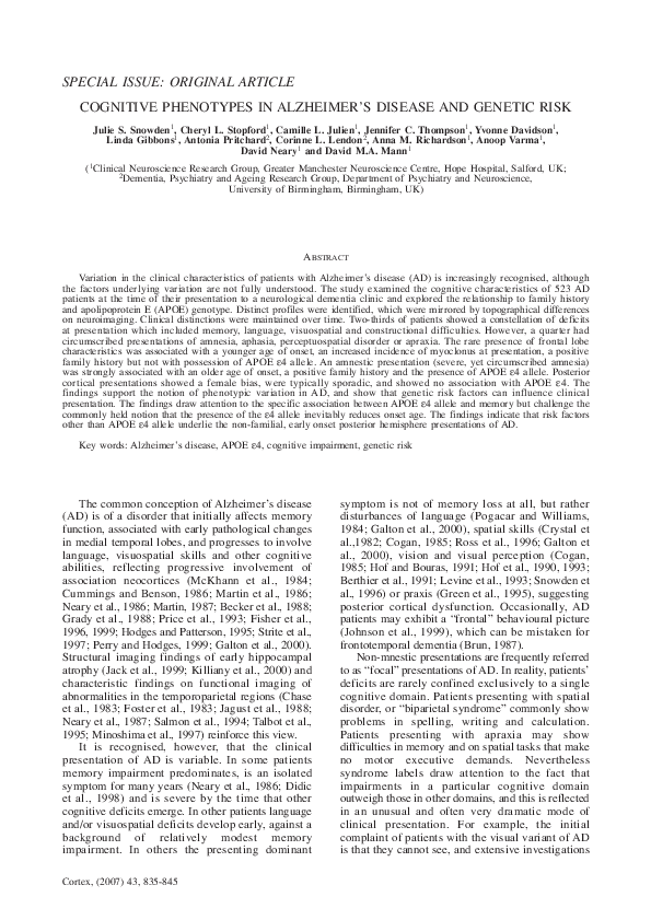 (PDF) Cognitive Phenotypes in Alzheimer's Disease and Genetic Risk