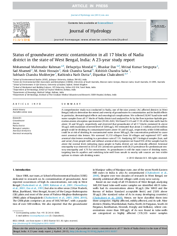 (PDF) Status of groundwater arsenic contamination in the state of West ...