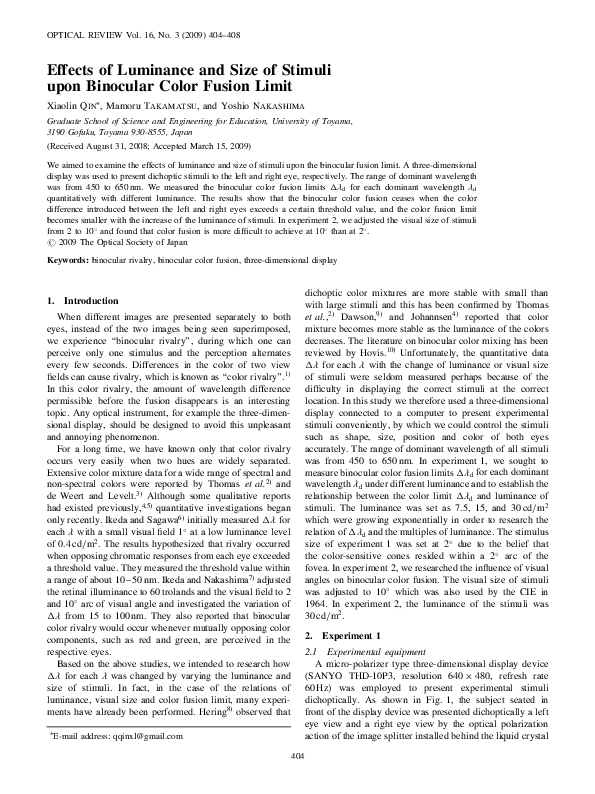 (PDF) Effects of luminance and size of stimuli upon binocular color ...