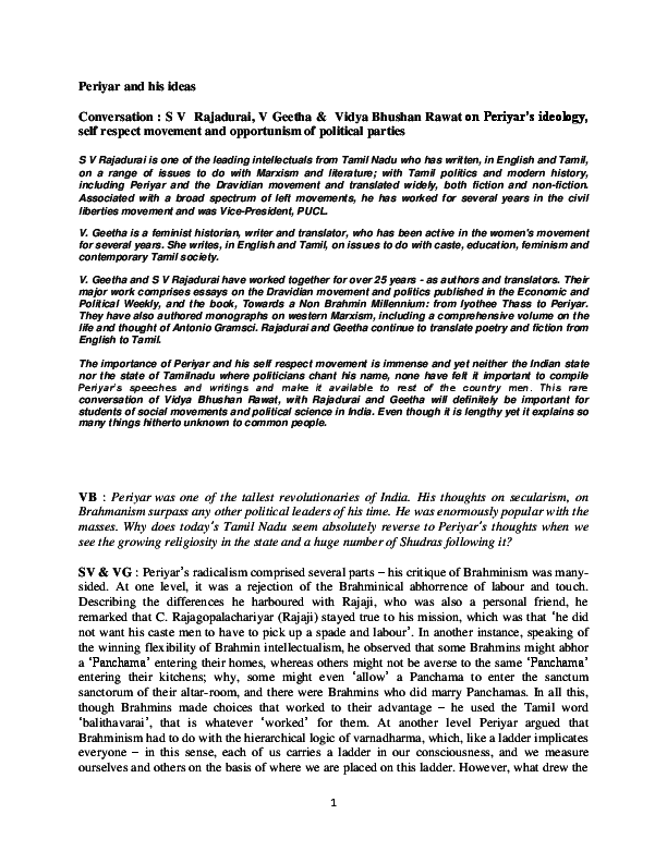 (PDF) Periyar and his ideas : In Conversation with S V Rajadurai and V ...