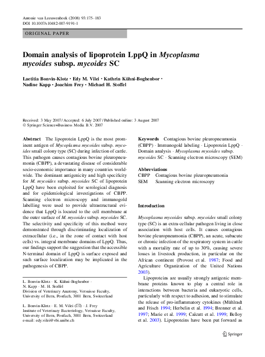 (PDF) Domain analysis of lipoprotein LppQ in Mycoplasma mycoides subsp ...