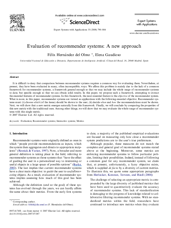 (PDF) Evaluation of recommender systems: A new approach