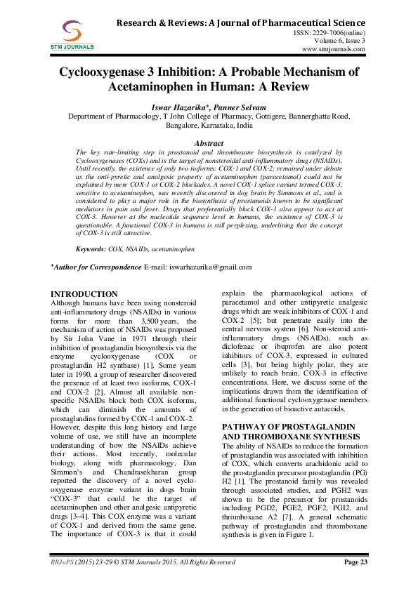 Cyclooxygenase 3 Inhibition A Probable Mechanism of Acetaminophen in