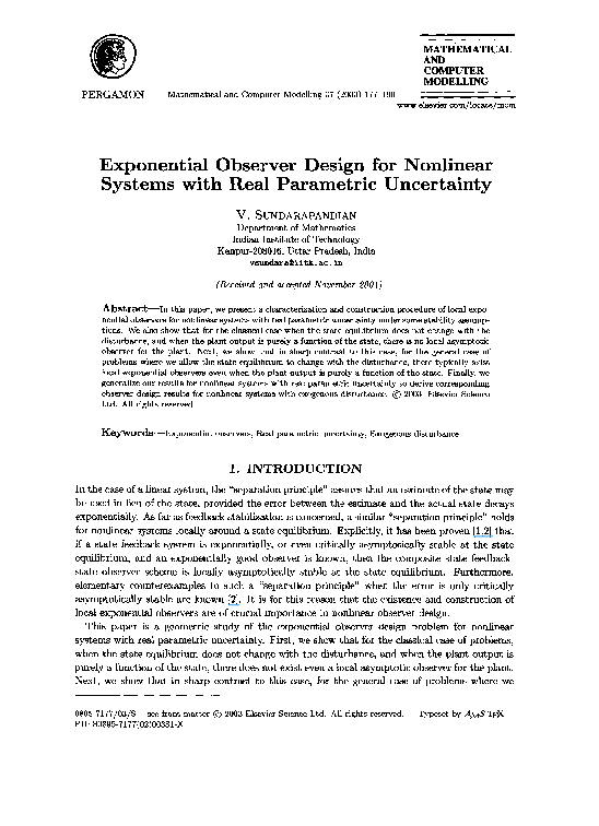 (PDF) Exponential observer design for nonlinear systems with real ...