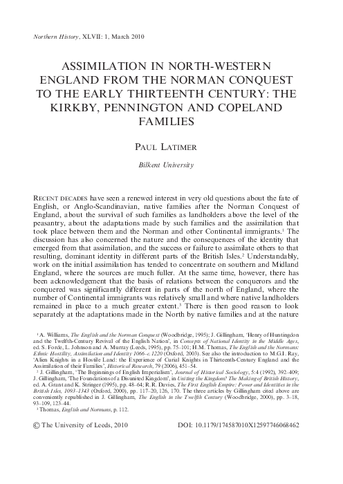 Assimilation in North-Western England from the Norman Conquest to the Early Thirteenth Century: The Kirkby, Pennington and Copeland Families