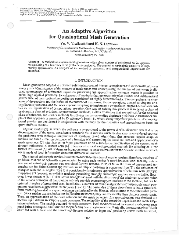 (PDF) Adaptive algorithm for generation of quasi-optimal meshes