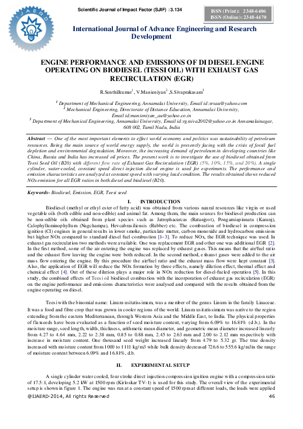 (PDF) ENGINE PERFORMANCE AND EMISSIONS OF DI DIESEL ENGINE OPERATING ON ...