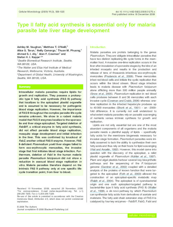 (PDF) Type II fatty acid synthesis is essential only for malaria ...