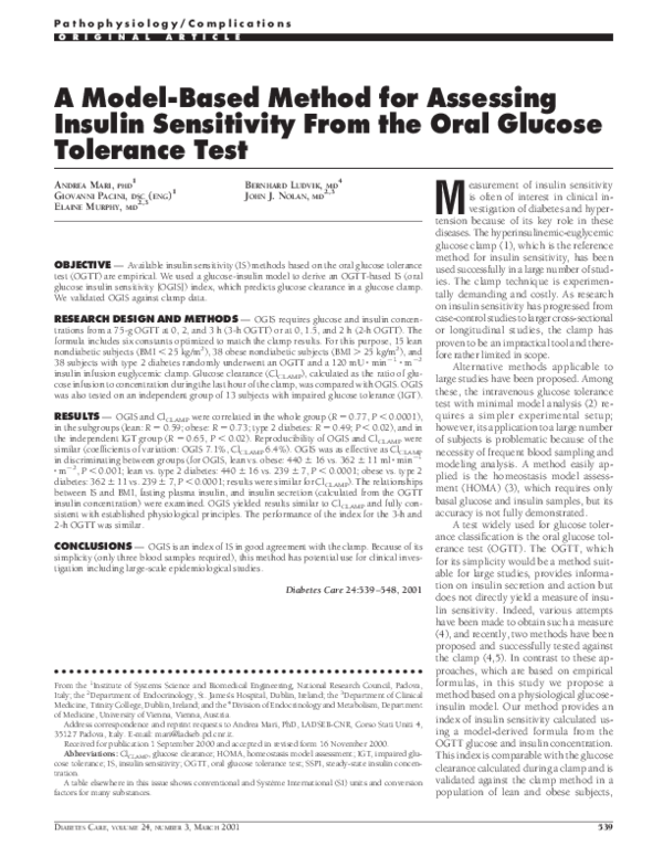 (PDF) A Model-Based Method for Assessing Insulin Sensitivity From the ...