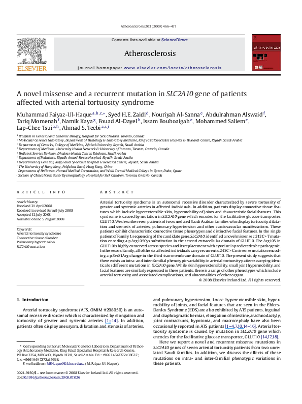 (PDF) A novel missense and a recurrent mutation in SLC2A10 gene of ...
