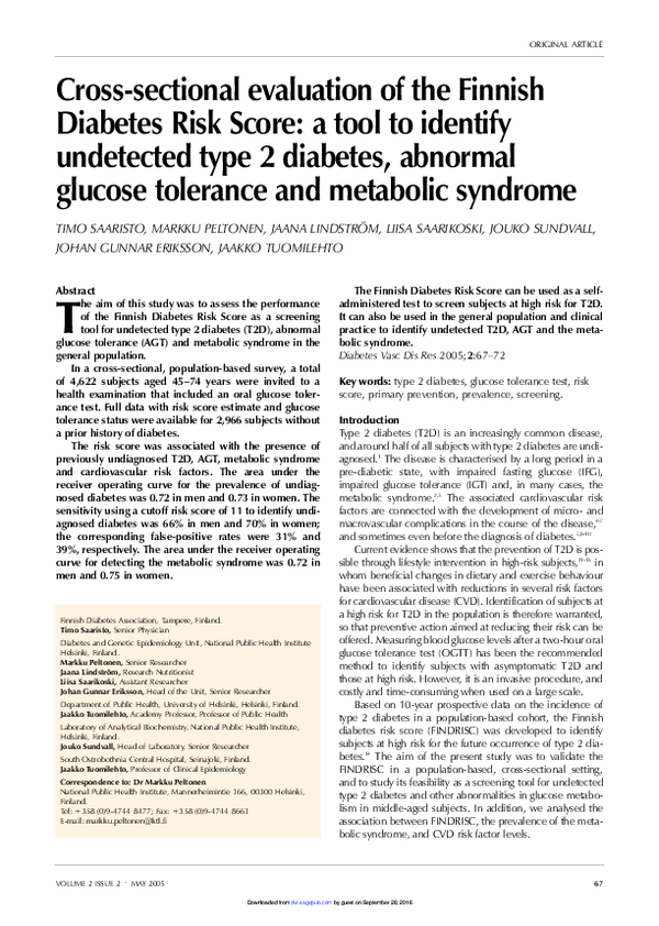 (PDF) Cross-sectional evaluation of the Finnish Diabetes Risk Score: a ...